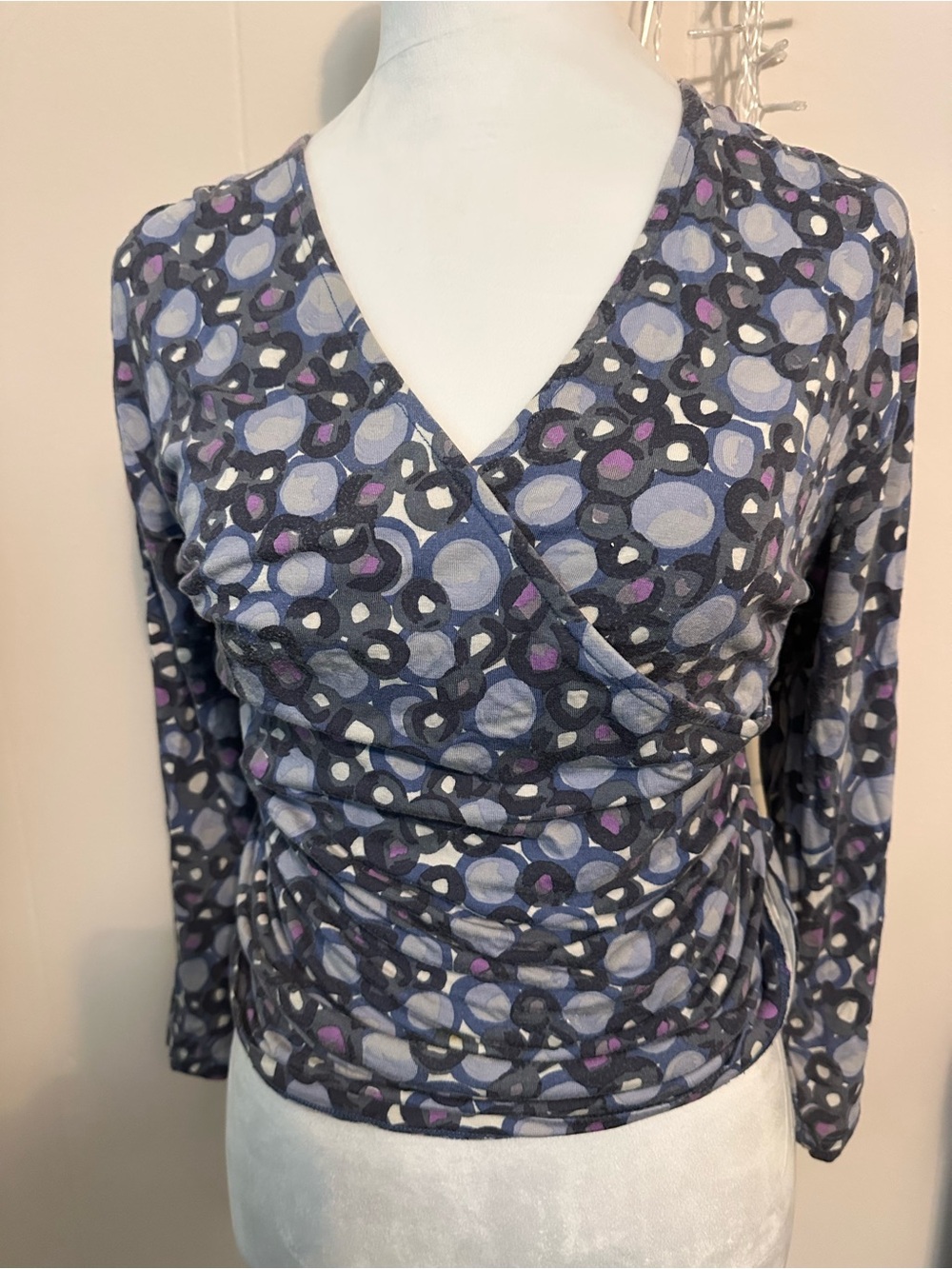 Boden Long Sleeve Surplice Top in Multi Blue and Purple Dot Print